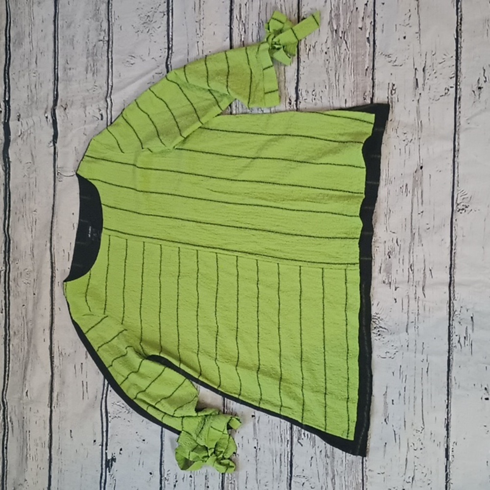 Ali Miles Neon Green Black Striped Tie Sleeve Tunic Top M